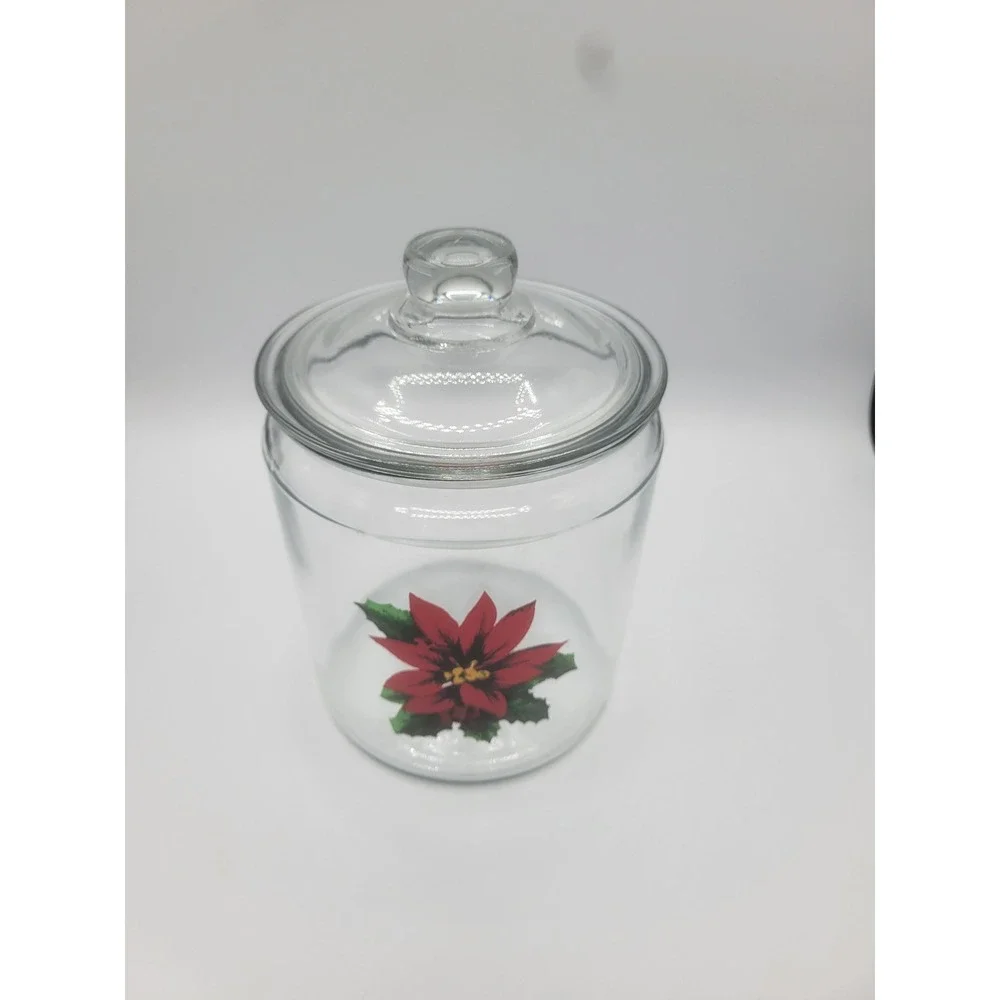 Clear Glass Christmas Poinsettia Canister Jar with Lid Holiday Storage 7in